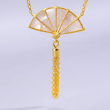 Women's Tassel Aurora Folding Fan Pendant Necklace-6