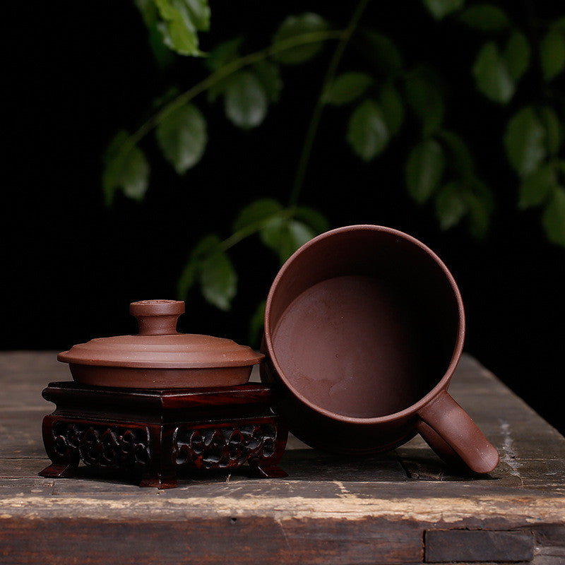 Yixing Purple Clay Lid Cup Handmade Redware Teacup Gift Bamboo Cup-2