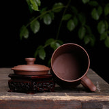 Yixing Purple Clay Lid Cup Handmade Redware Teacup Gift Bamboo Cup-2