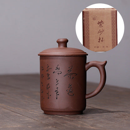 Yixing Purple Clay Lid Cup Handmade Redware Teacup Gift Bamboo Cup-6