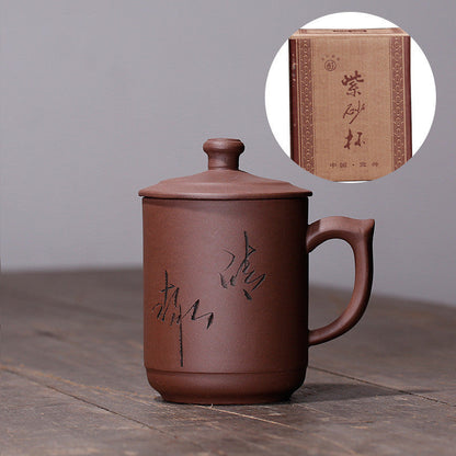 Yixing Purple Clay Lid Cup Handmade Redware Teacup Gift Bamboo Cup-7