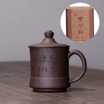 Yixing Purple Clay Lid Cup Handmade Redware Teacup Gift Bamboo Cup-5