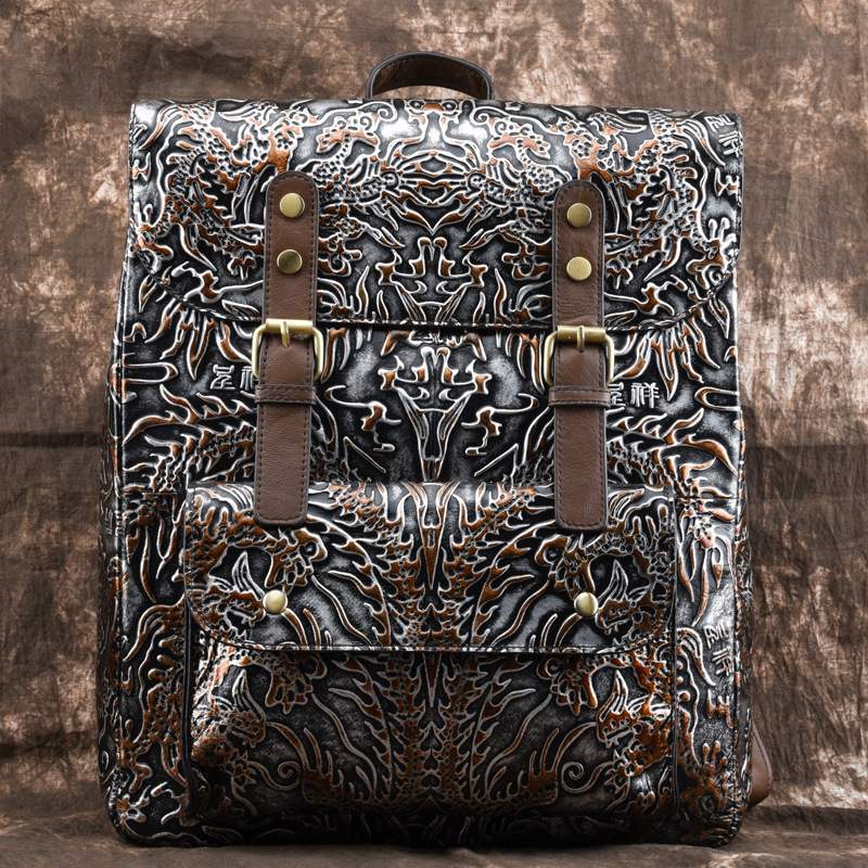 Ethnic Style Hand-embossed Leather Backpack Vertical Casual