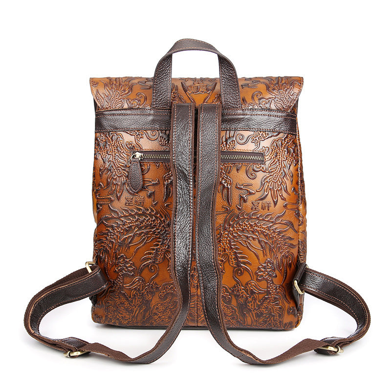 Ethnic Style Hand-embossed Leather Backpack Vertical Casual