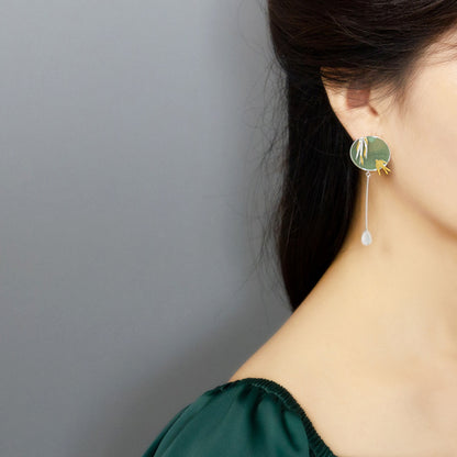 Chinese Style Literary Temperament Wild Aventurine Asymmetrical Earrings