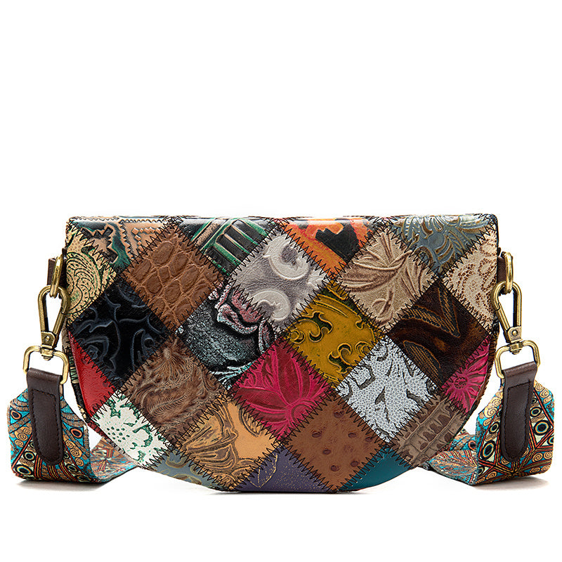 Leather ethnic stitching crossbody bag