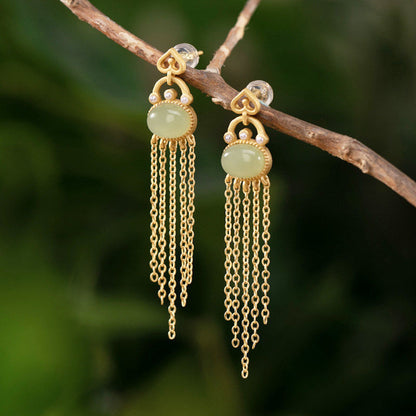 Silver-plated Hetian Jade Temperament Long Tassel Earrings