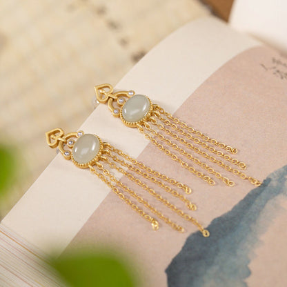 Silver-plated Hetian Jade Temperament Long Tassel Earrings