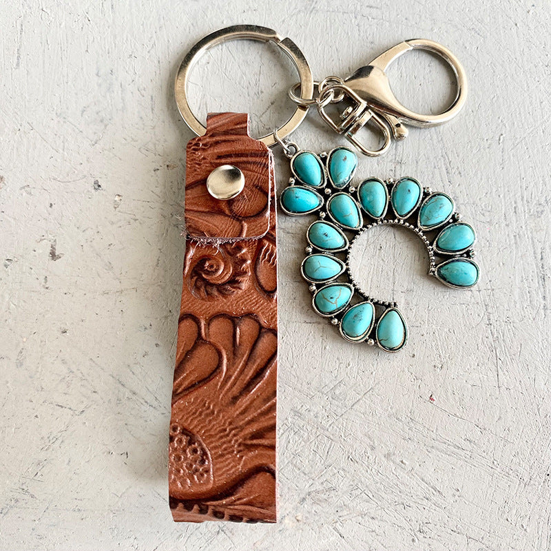 Retro Embossing Cowhide Western Style Turquoise Keychain-2