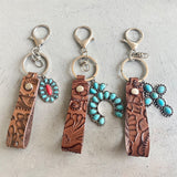 Retro Embossing Cowhide Western Style Turquoise Keychain-1