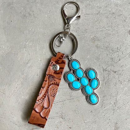 Retro Embossing Cowhide Western Style Turquoise Keychain-6