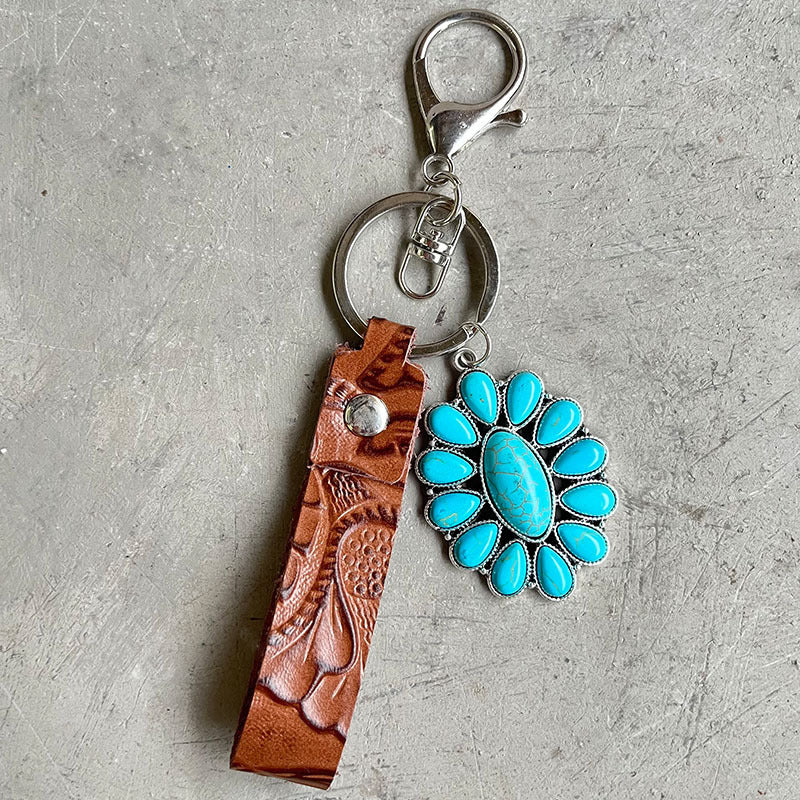 Retro Embossing Cowhide Western Style Turquoise Keychain-5