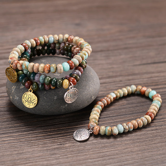 Engraved Lotus Coin Beaded Bracelet Turquoise and Agate-1