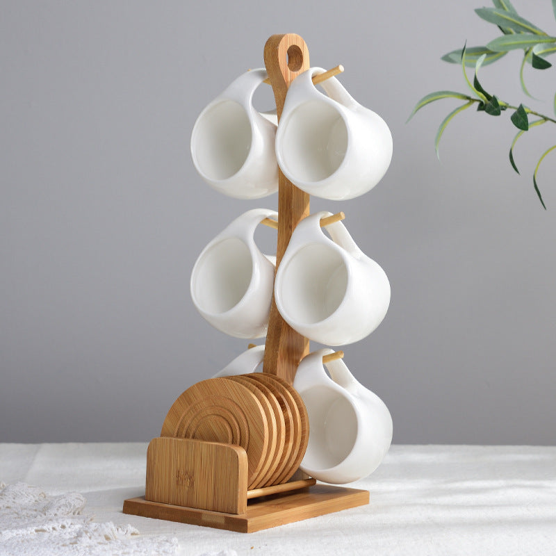 Six-piece Simple Ceramic Set Tea Cup Three-dimensional Bamboo Wooden Bracket Non-slip Coaster