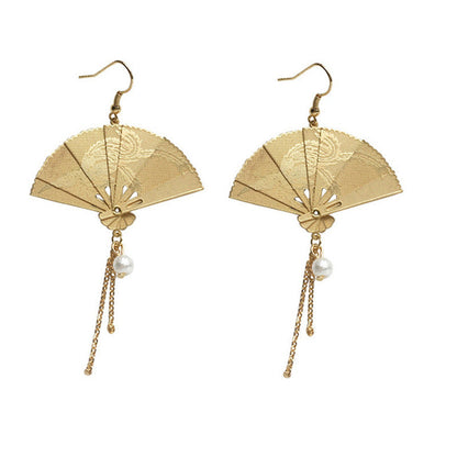 Folding Fan Shape Tassel Earrings with Sculpted Flowers-1