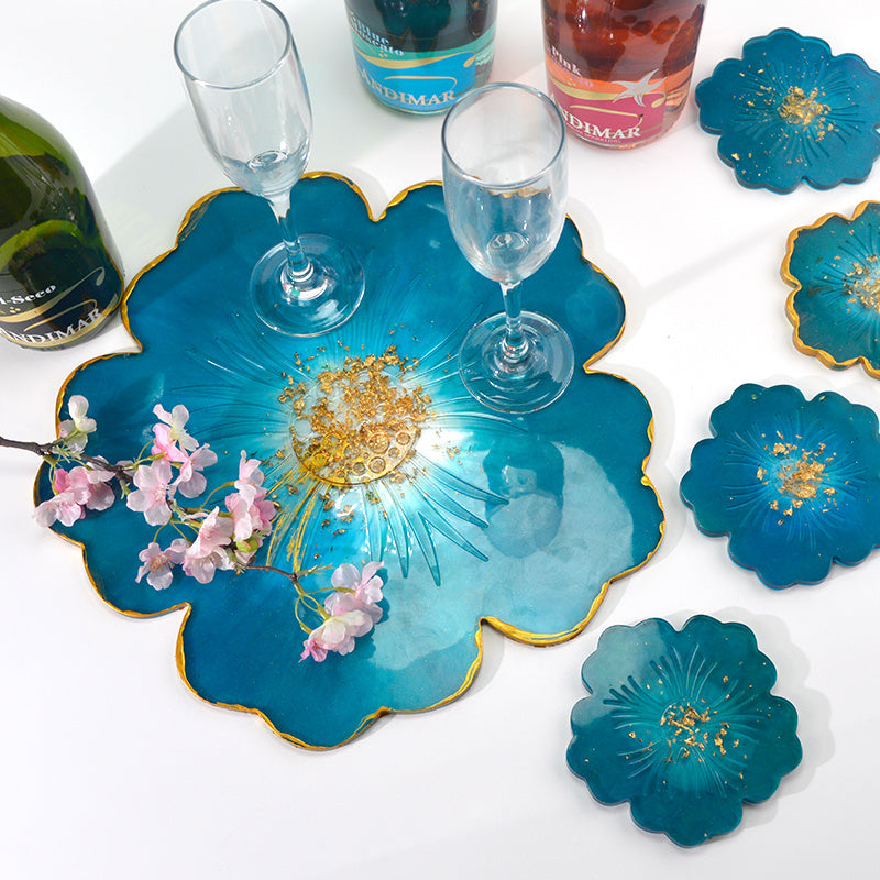 Flower Tea Tray Coaster Mold Set Flower Card DIY Handmade Crystal Glue Silicone Tray Petals