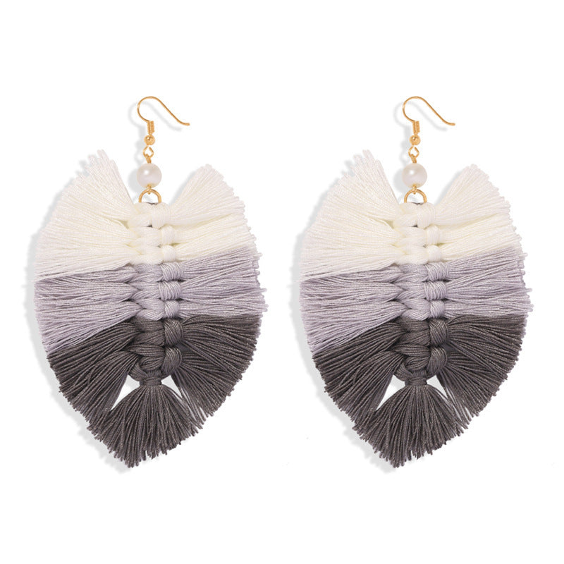 Handmade Gradient Tassel Earrings Leaf Shape Ethnic Style Earrings Exotic Earrings