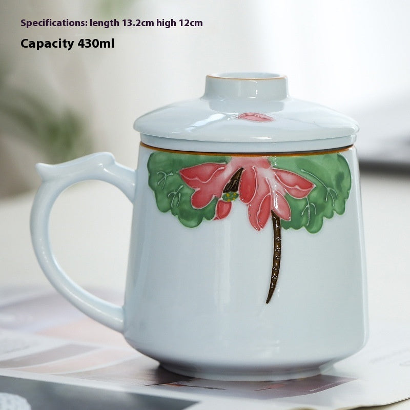 White Porcelain Celadon Household Hand-painted Filtered Tea Cup With Lid
