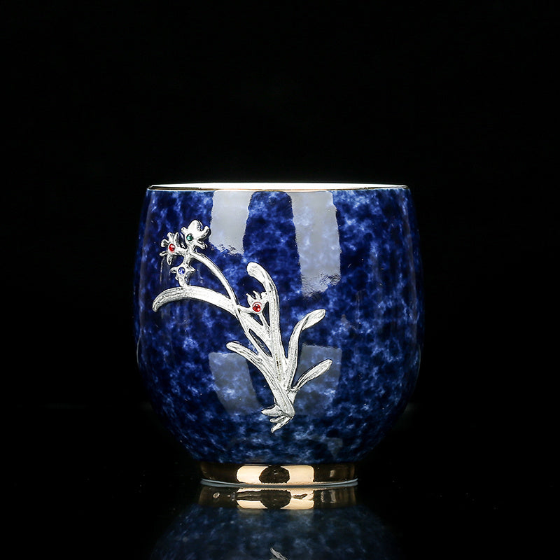 Sprinkled Blue Glaze Ceramic Inlaid Silver Tea Cup Set