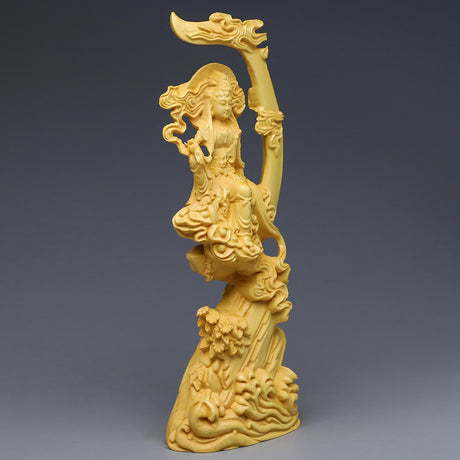 Boxholz schnitzen Sonnen- und Mond Guanyin Buddha Statue Ornament