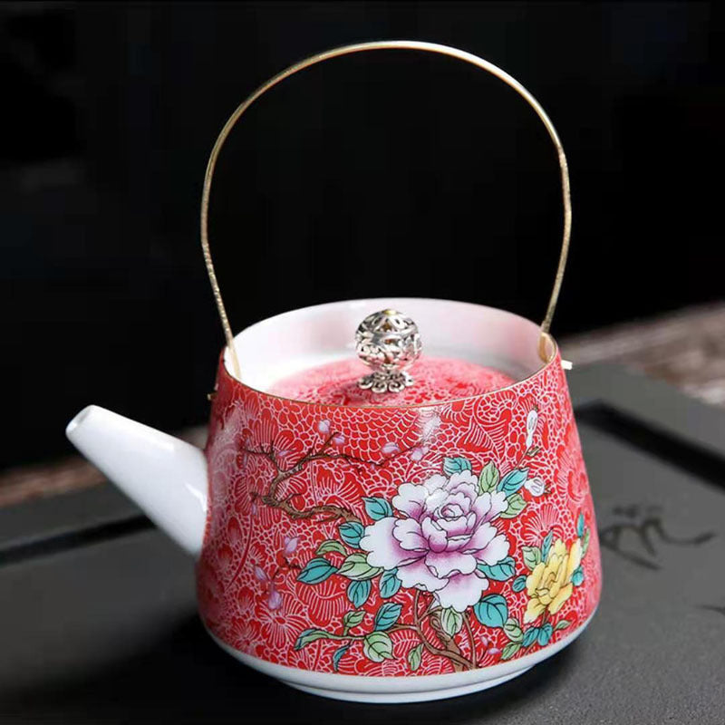 Enamel Painted Teapot Vintage Household Peony Ring Handle Teapot