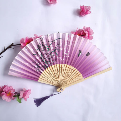 Floral Patterns with Tassel Portable Bamboo Silk Folding Fan-8