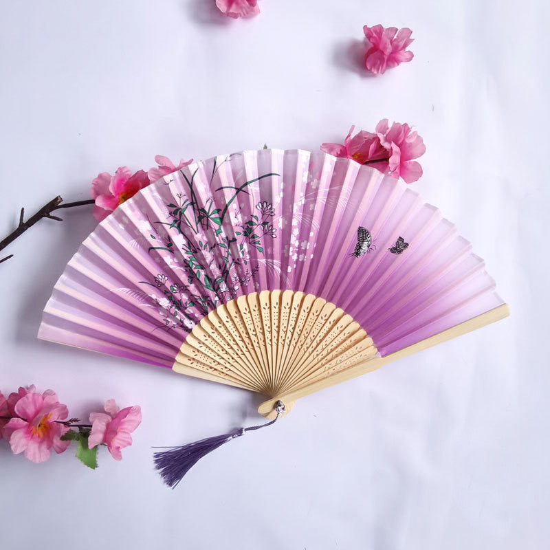 Floral Patterns with Tassel Portable Bamboo Silk Folding Fan-8