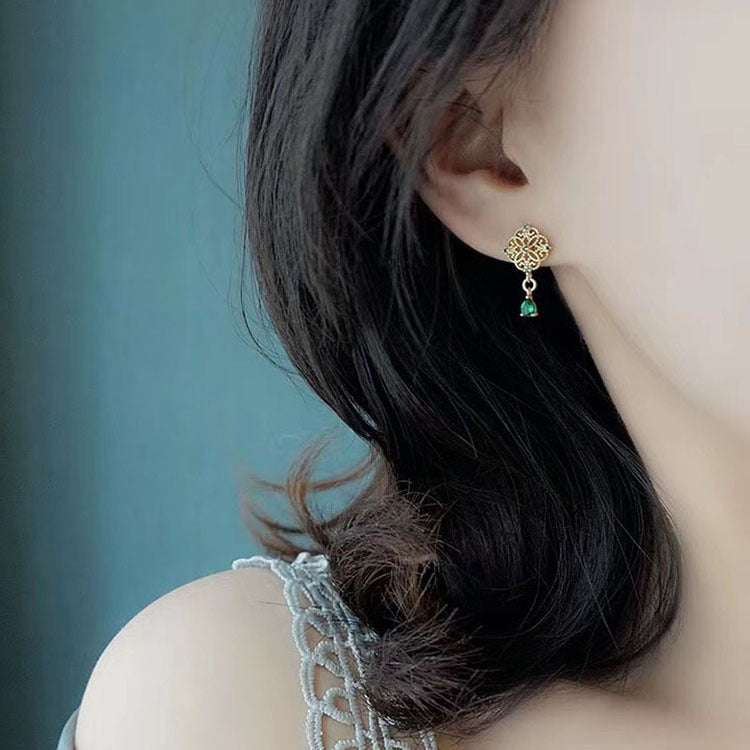 Silver Plated Emerald Stud Earrings Chinese Vintage Lace