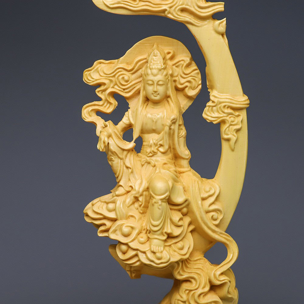 Boxholz schnitzen Sonnen- und Mond Guanyin Buddha Statue Ornament