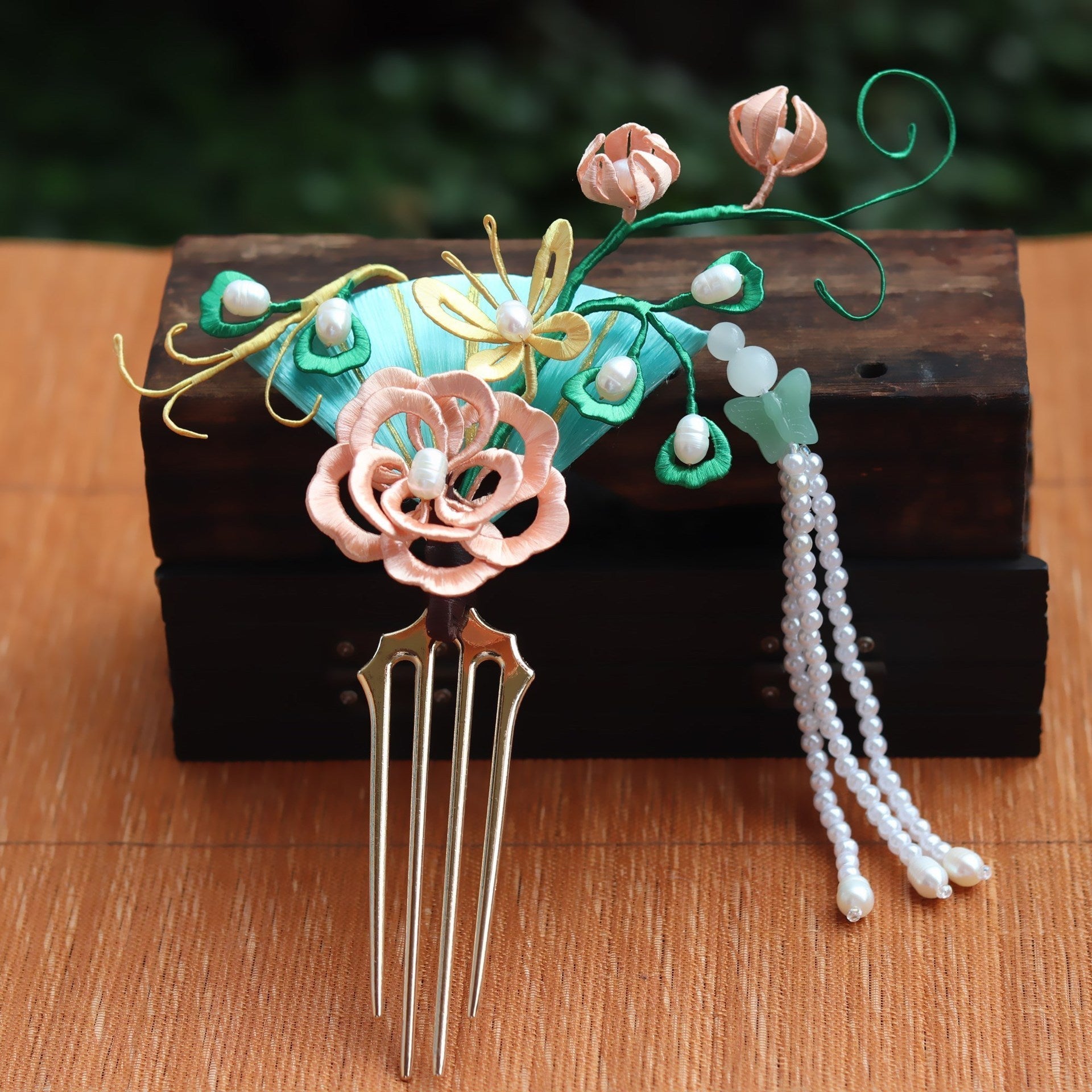 Wrapped Peony Flower Pearl Tassel Hairpin Step Shaking Hair-2