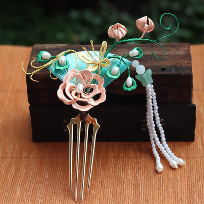 Wrapped Peony Flower Pearl Tassel Hairpin Step Shaking Hair-2