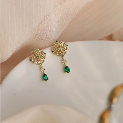 Silver Plated Emerald Stud Earrings Chinese Vintage Lace