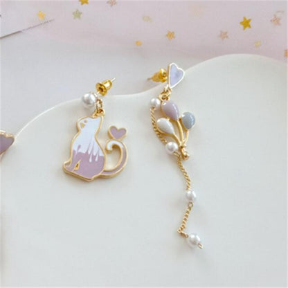 S925 Silver Needle Cute Cat Asymmetric Balloon Earrings Pearl Tassel Earrings