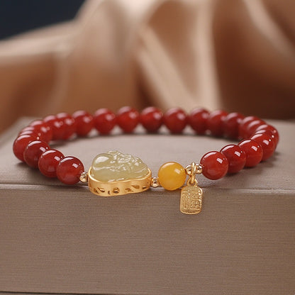 Southern Red Agate Beaded Bracelet Female 14K Gold Inlaid With Jade Buddha