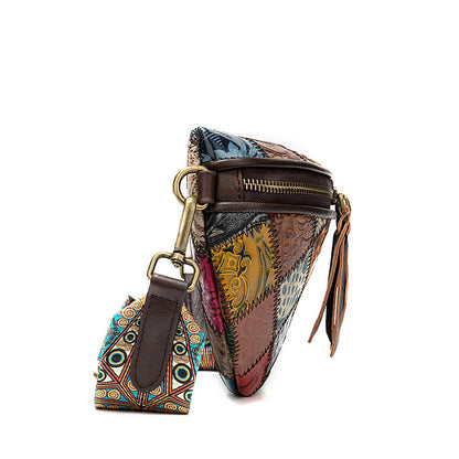 Leather ethnic stitching crossbody bag