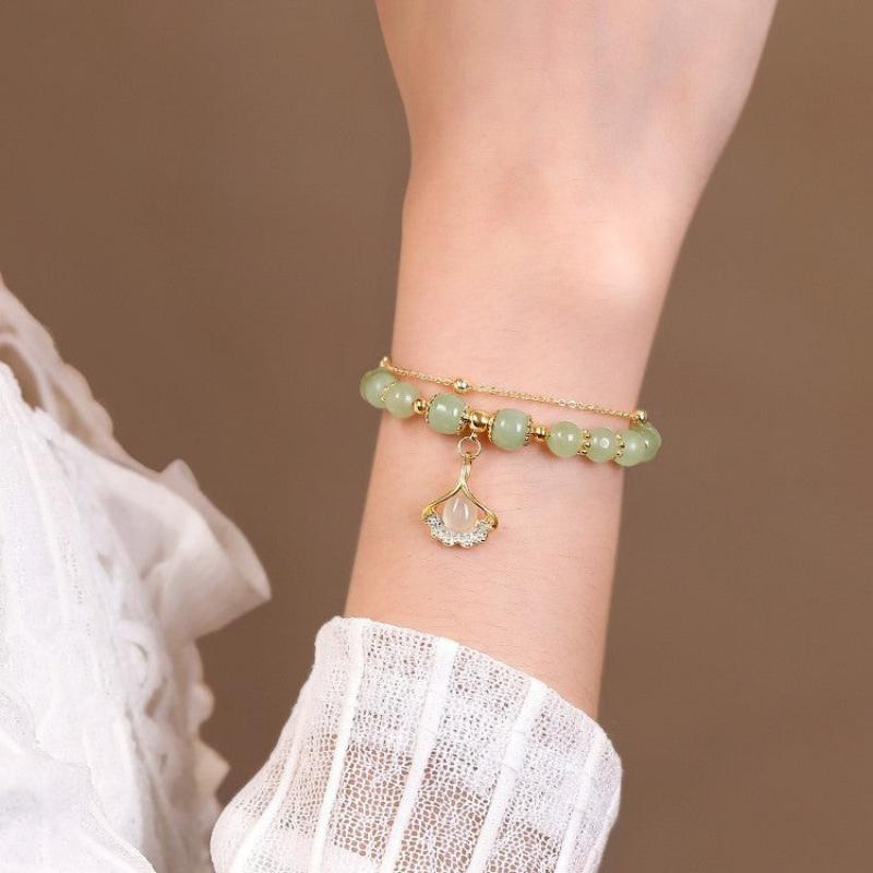 Double Layer Apricot Leaf Hetian Jade Hand String Female Hand