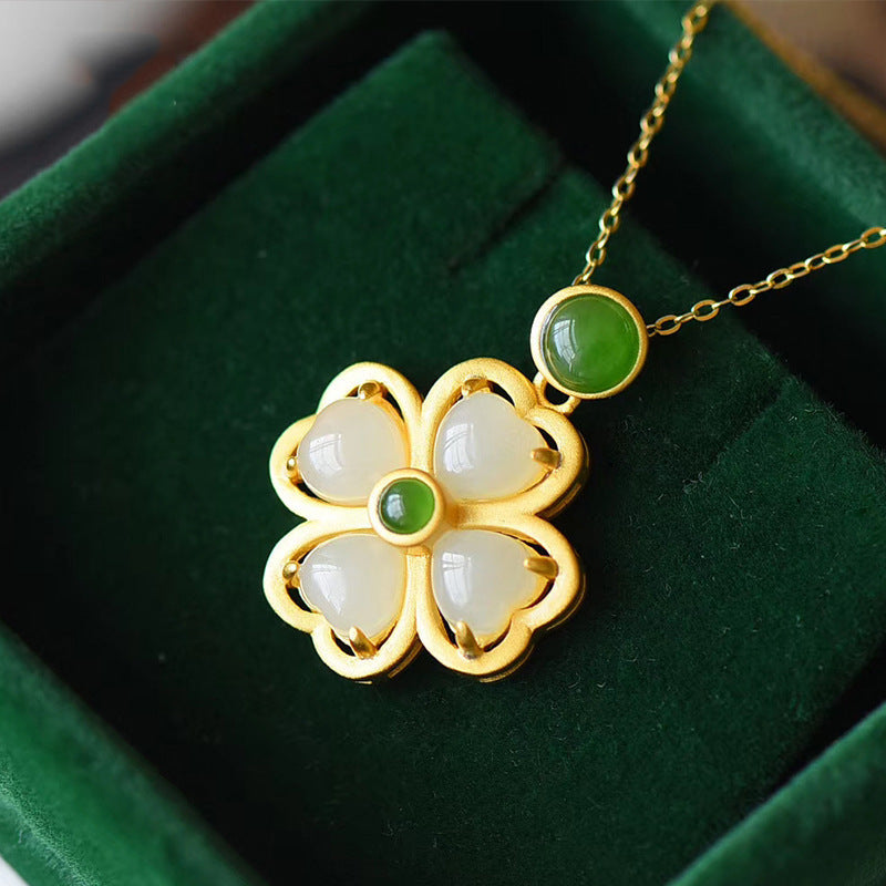 Gold Hetian Jade Inlaid Four Leaf Clover Pendant