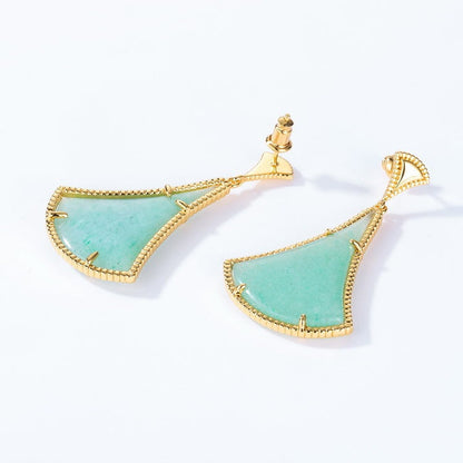 Exaggerated Fan Shaped Green Aventurine Almond leaf Earrings-1