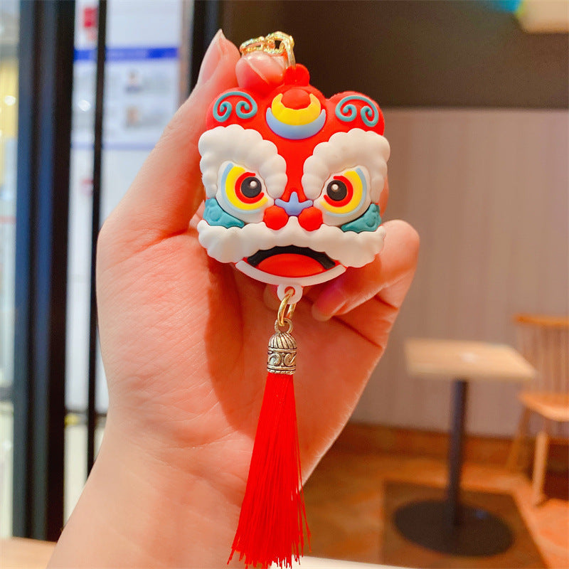 Cartoon Style Chinese Southern Lion Head Tassel Keychain-5