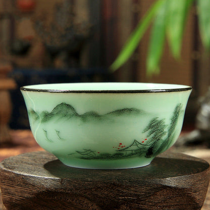 Green Hand-painted Azure Orchid Pu'er Teacups with Large Mouth-2