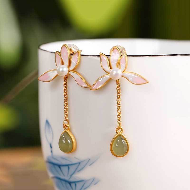 S925 Sterling Silver Gold Plated Hetian Gray Jade Stud Earrings