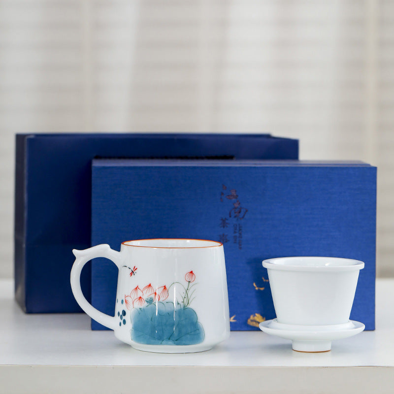 White Porcelain Celadon Household Hand-painted Filtered Tea Cup With Lid
