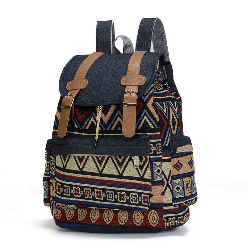 Ethnic Style Cowboy Clash Color Large Capacity Canvas Backpack