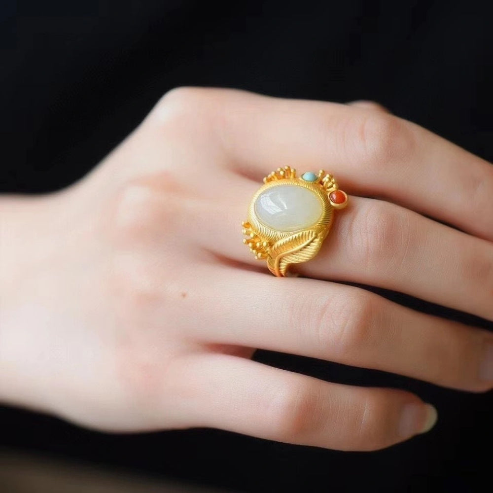 Ethnic Style Gold Plated Hetian Jasper Ring