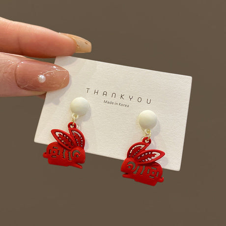 Festive Zodiac Year Paper-cut Red Rabbit Earrings-4