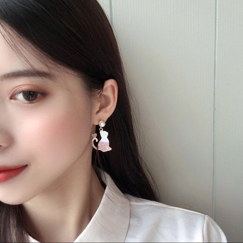 S925 Silver Needle Cute Cat Asymmetric Balloon Earrings Pearl Tassel Earrings