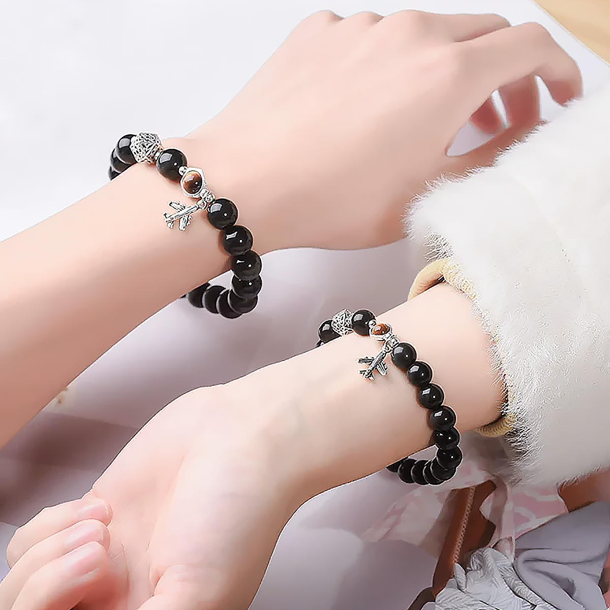 Obsidian Couple Bracelet with 925 Sterling Silver and Tiger Eye Beads-7