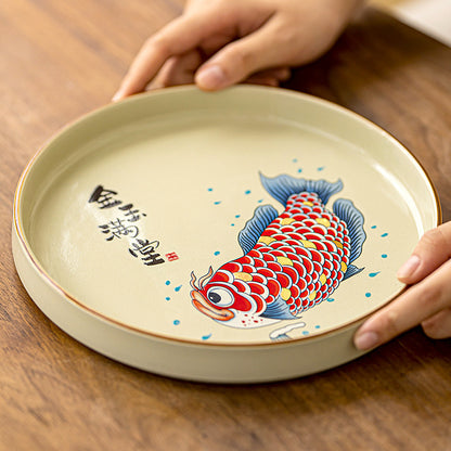 Grass Gray Arowana Bamboo Tea Tray Round Porcelain Tea Bearing