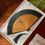 Ancient Style Dark Green Cherry Blossom Summer Portable Folding Fan-6