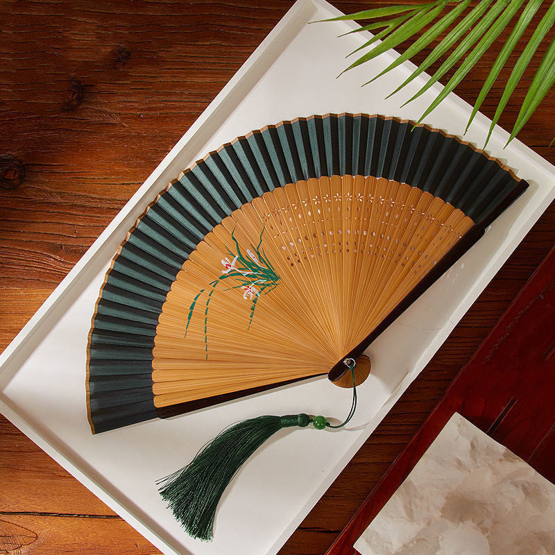 Ancient Style Dark Green Cherry Blossom Summer Portable Folding Fan-6